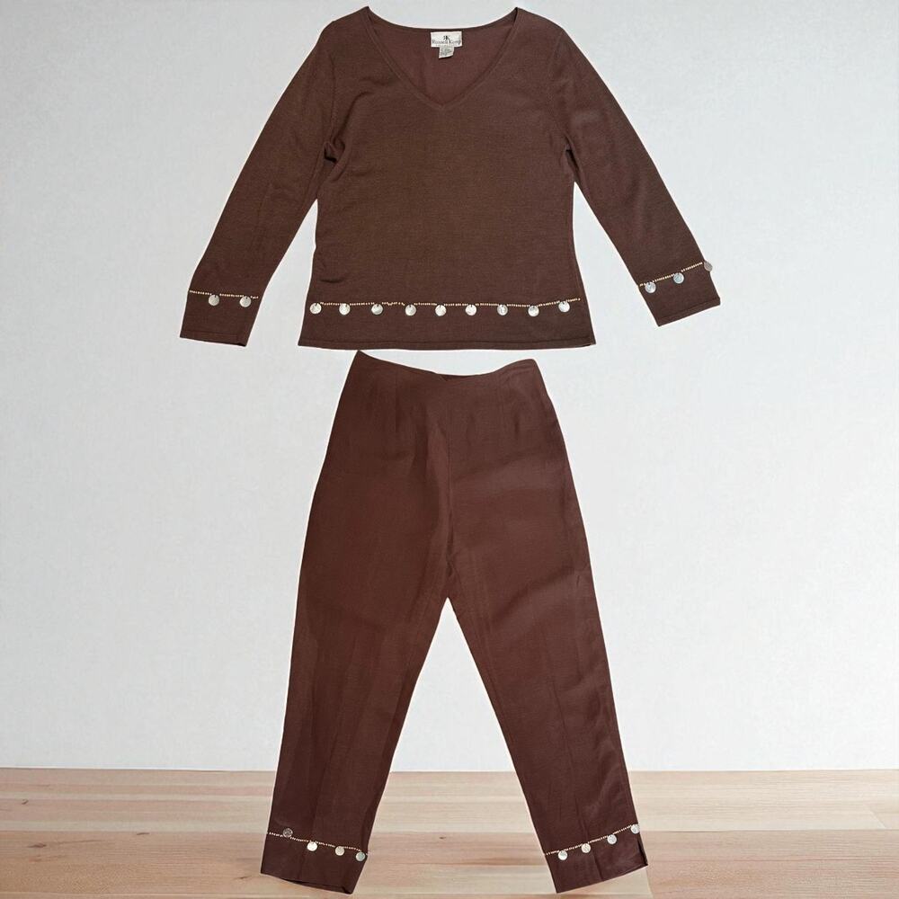 Vintage Russell Kemp Bohemian Outfit Medium Beaded Trim Silk Sweater Linen Pants